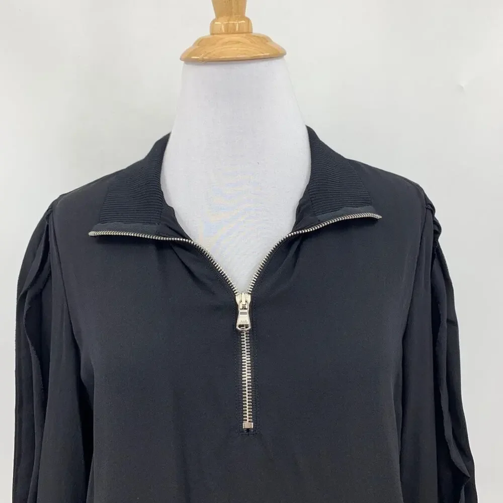 3.1 Phillip Lim Shirt Womens 4 Black Silk Ruffle Long Sleeve Quarter Zip Blouse - Picture 4 of 15